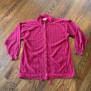 Vintage 60s 70s Swimsuit Cover Up Terry Towel Pink Robe Short Snap Front Pockets